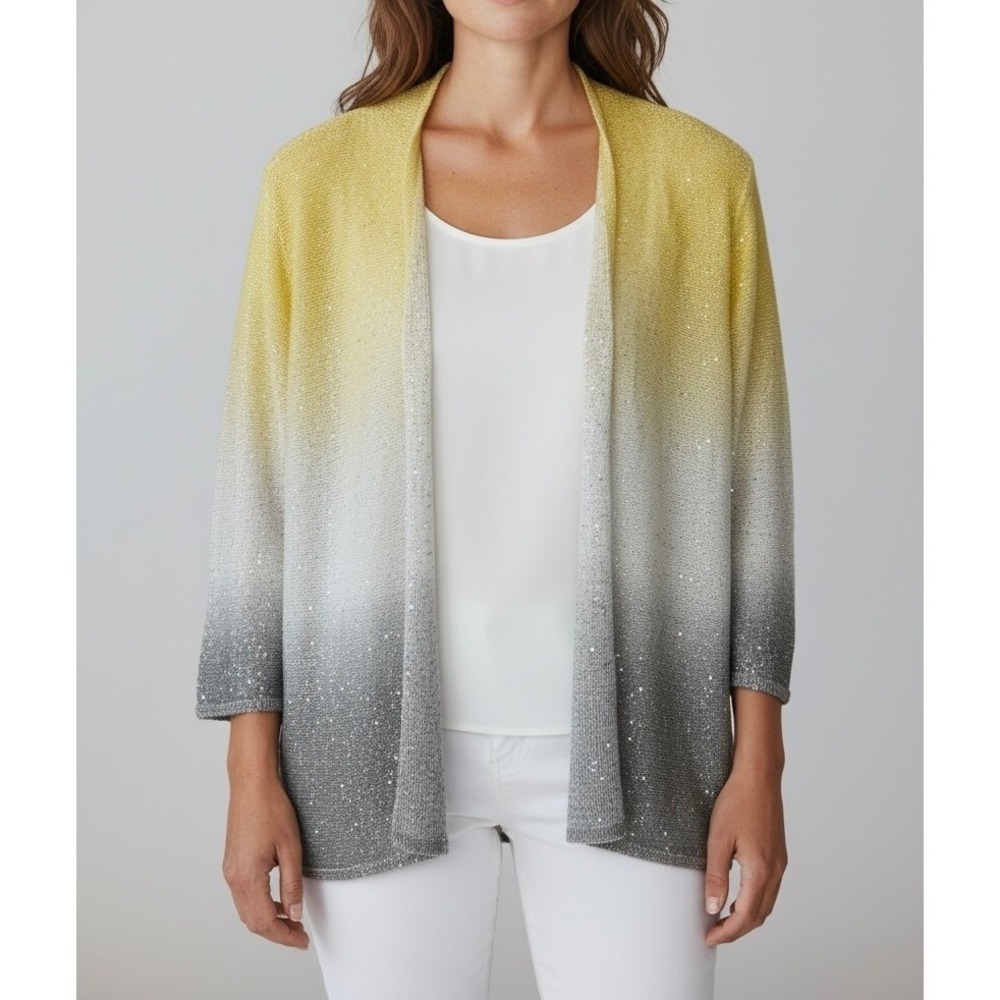Alfred Dunner Womens Petite Large Sequin Ombre Open Front Cardigan Yellow Grey